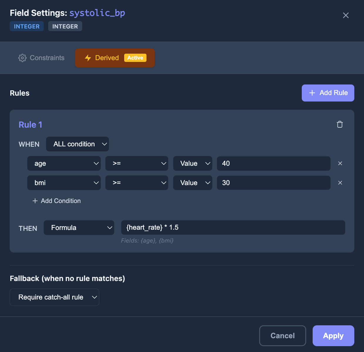 Derived field rules configuration showing conditional logic for systolic_bp based on age and BMI values
