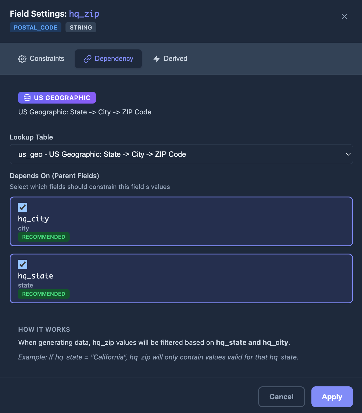 Field dependency configuration showing hq_zip depending on hq_city and hq_state via US Geographic lookup table